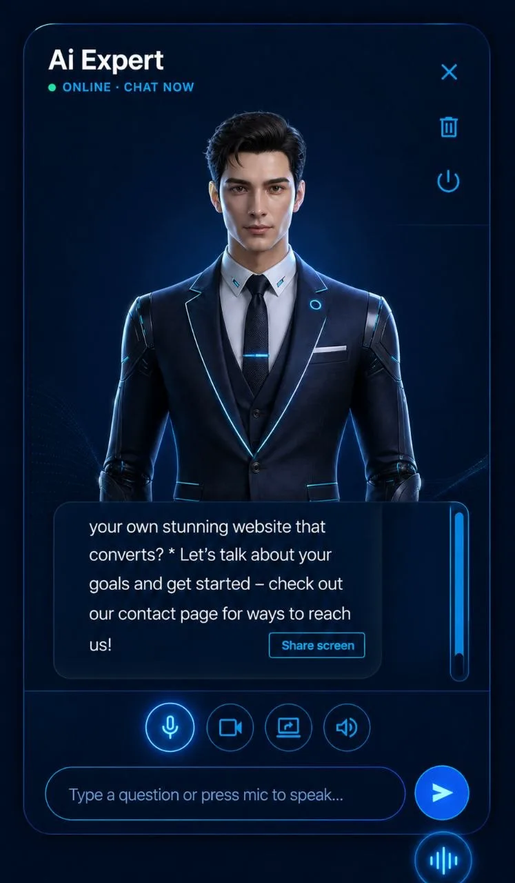 Futuristic AI expert chat panel demonstrating real-time voice-enabled customer conversation